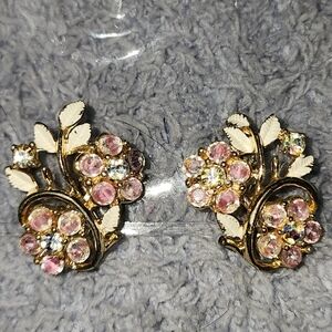 Vintage Coro Pink, White, and Gold Tone Clip-On Earrings